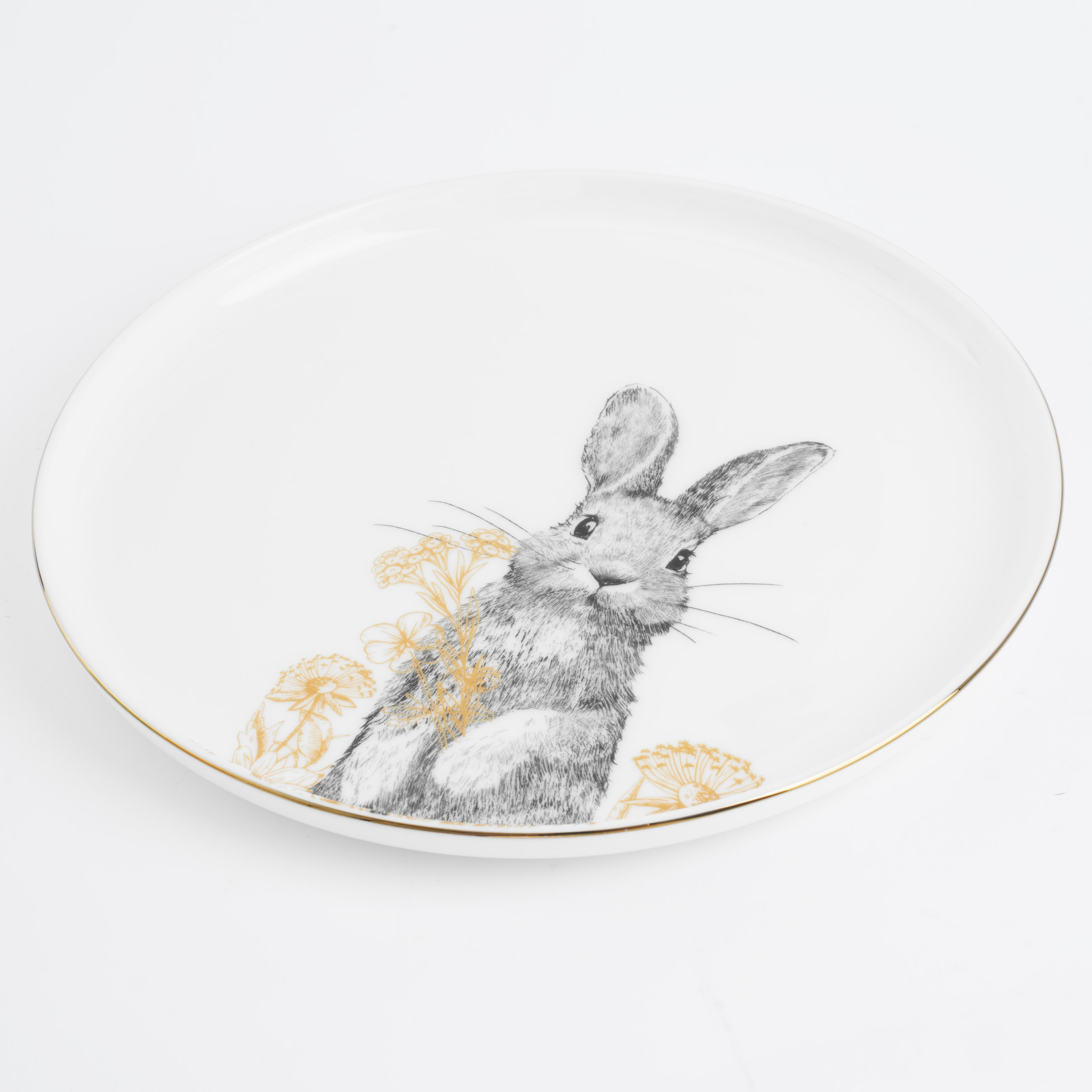 Тарелка закусочная, 24 см, фарфор F, белая, с золотистым кантом, Кролик с цветами, Rabbit gold изображение № 2