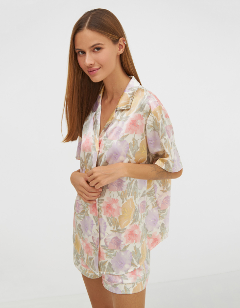 Рубашка женская, домашняя, р. M, с коротким рукавом, полиэстер/эластан, белая, Цветы, Kay