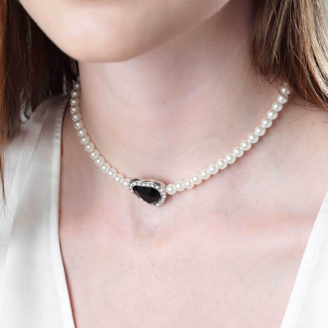 Чокер, 38 см, двойной, пластик/стекло, черно-белый, Черное сердце, Pearl heart кольцо для салфеток 4 см металл пластик серебристое жемчужины pearl