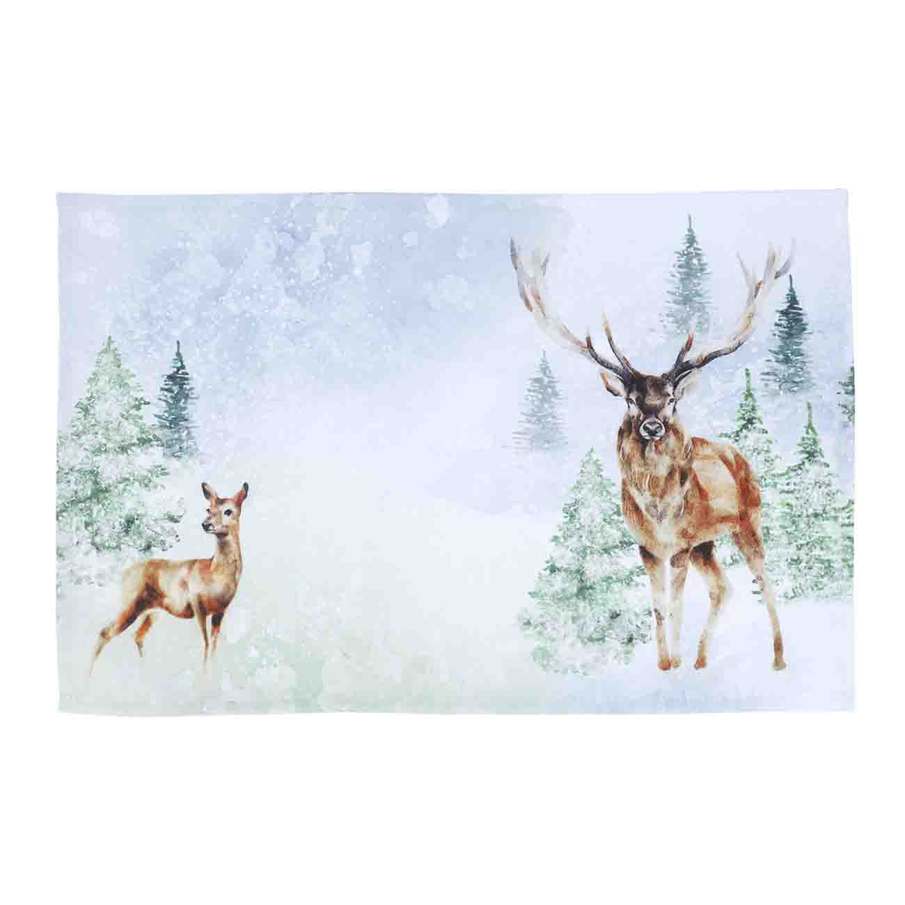 Салфетка под приборы, 30х45 см, полиэстер, прямоугольная, белая, Олени в лесу, Forest deer - фото 1