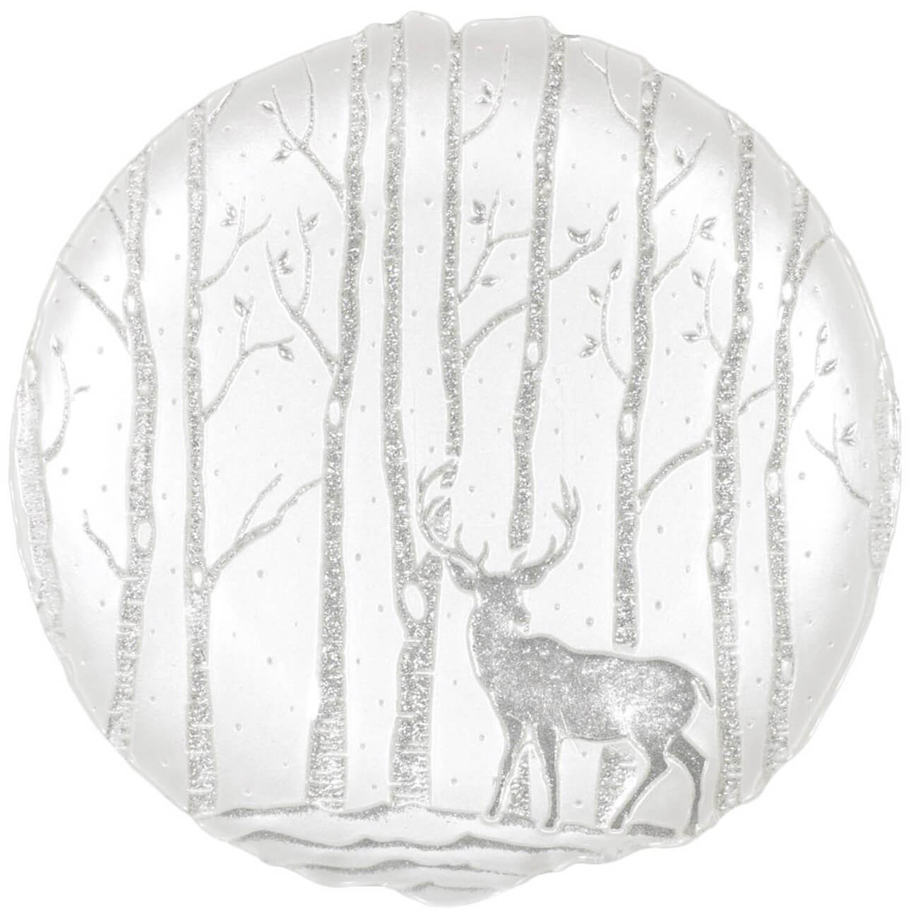 Тарелка обеденная, 28 см, стекло, белая, Олени в лесу, Winter deer