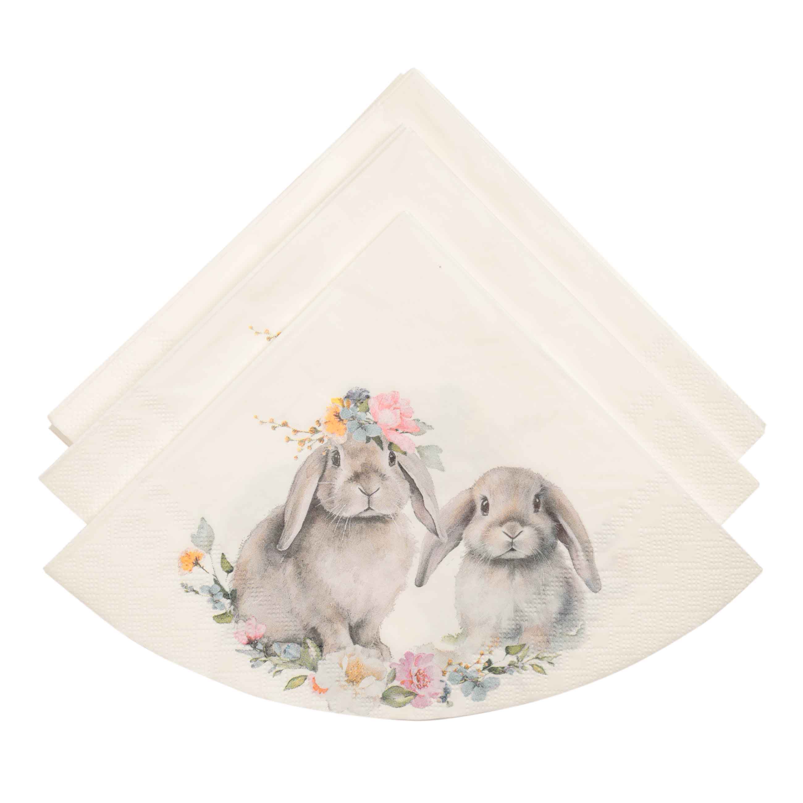 Салфетки бумажные, 33х33 см, 20 шт, круглые, белые, Кролики с цветами, Pure Easter изображение № 2