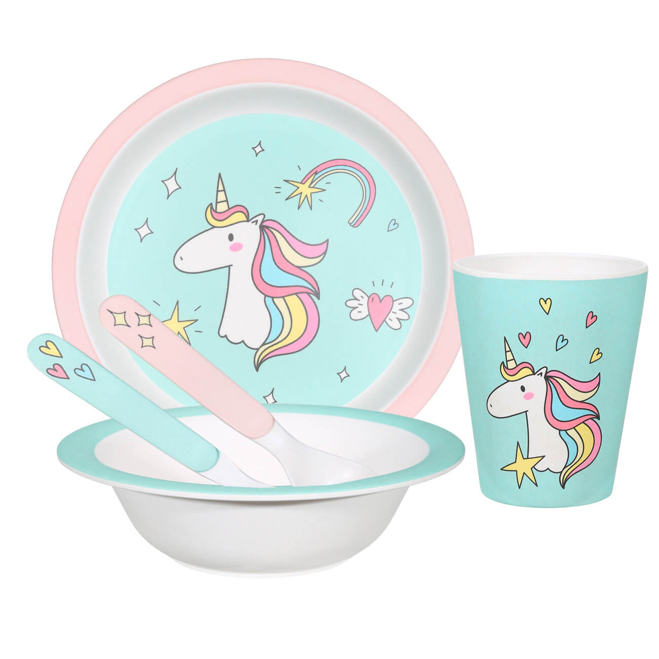 Набор посуды, детский, 5 пр, бамбук, розово-мятный, Единорог, Unicorn набор посуды детский 3 пр фарфор f бело розовый единорог в облаках unicorn