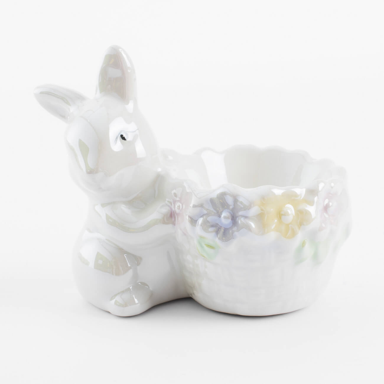 Подставка для яйца, 8 см, керамика, перламутр, Кролик с корзиной в цветах, Easter подставка под зубочистки