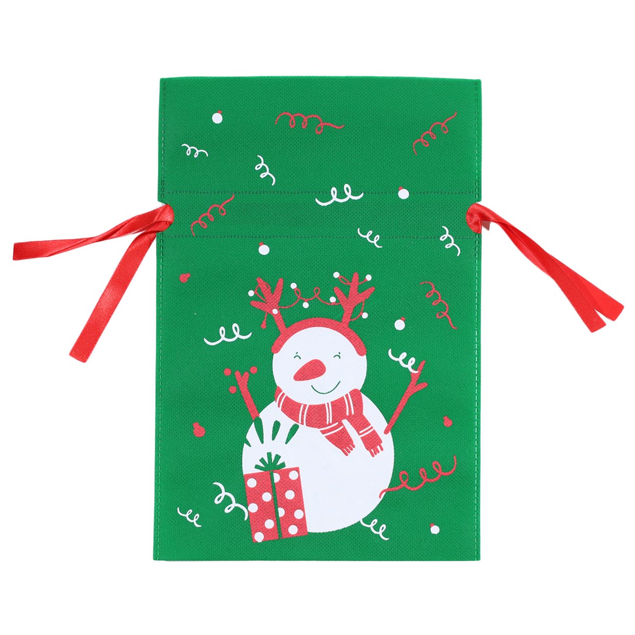 Мешок подарочный, 20х30 см, с завязками, полипропилен, зеленый, Снеговик с подарком, Snowman