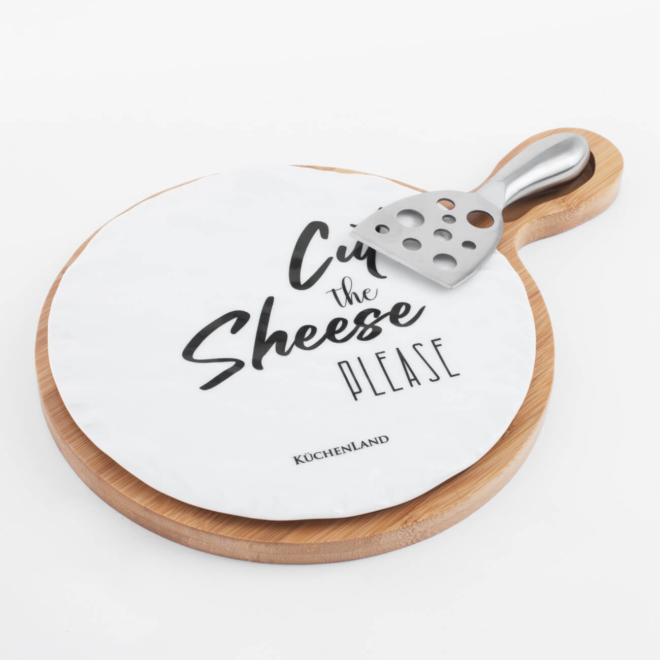 Набор для сыра, 3 пр, блюдо на подставке с ручкой, сталь/фарфор P/бамбук, Cheese - фото 1