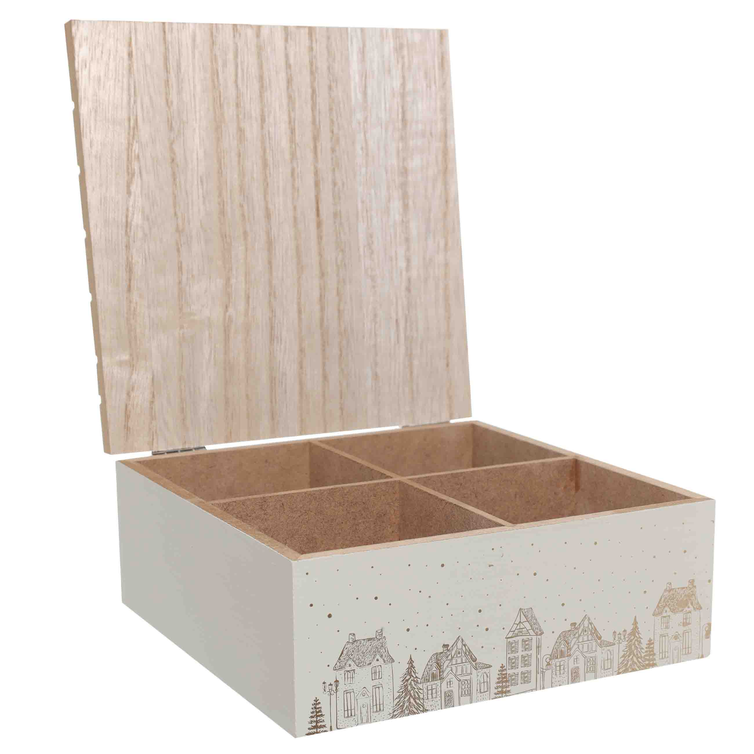 Коробка для чая, 17х17 см, 4 отд, дерево, квадратная, бежевая, Домики, Forest house изображение № 3
