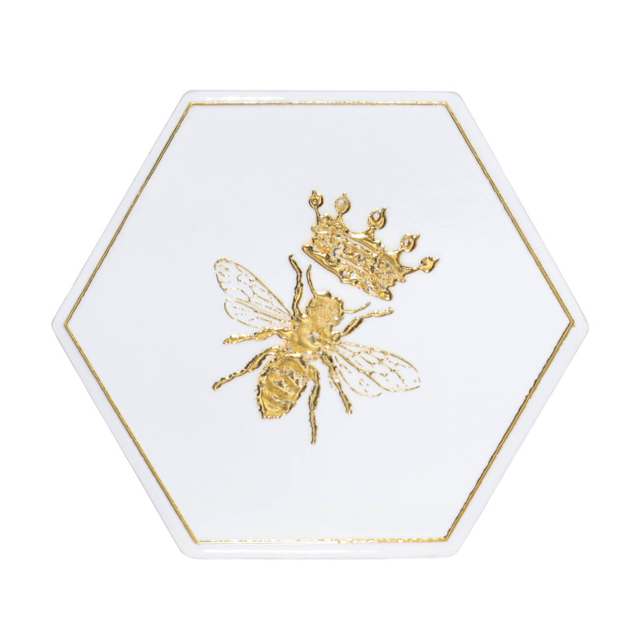 Подставка под кружку, 11 см, керамика/пробка, шестиугольная, белая, Королевская пчела, Honey царь соломон и пчела
