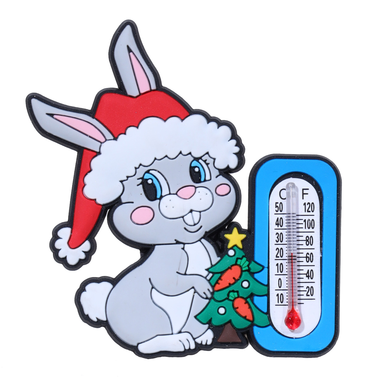 Магнит с термометром, 6 см, резина, Кролик и елка, Rabbit