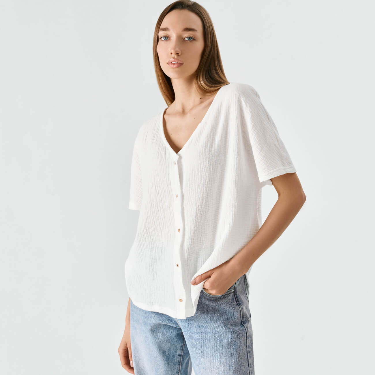 Рубашка женская, р. XL, с коротким рукавом, муслин, белая, Allison боди с коротким рукавом basic рост 80 см сиреневый