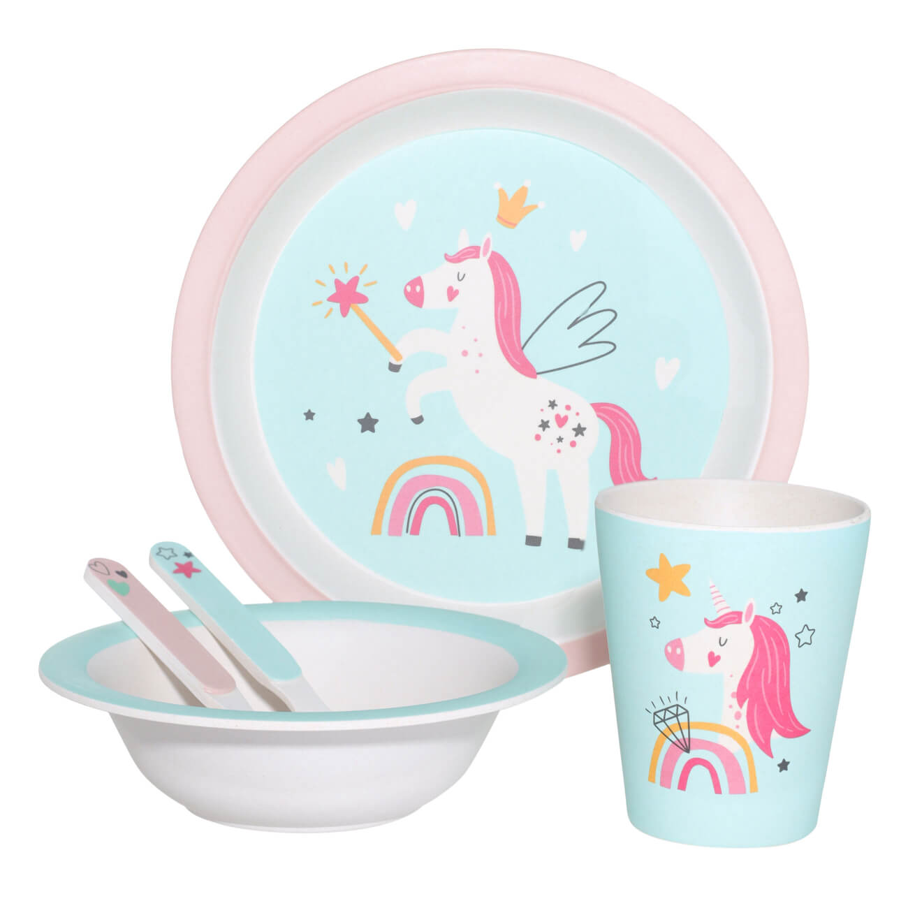 Набор посуды, детский, 5 пр, бамбук, розово-мятный, Единорог и радуга, Unicorn тарелка суповая детская 15 см бамбук розово мятная единорог и звезды unicorn