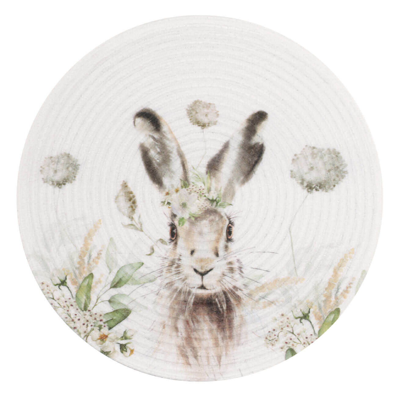 Салфетка под приборы, 38 см, полиэстер, круглая, Пасхальный кролик в цветах, Chenill print