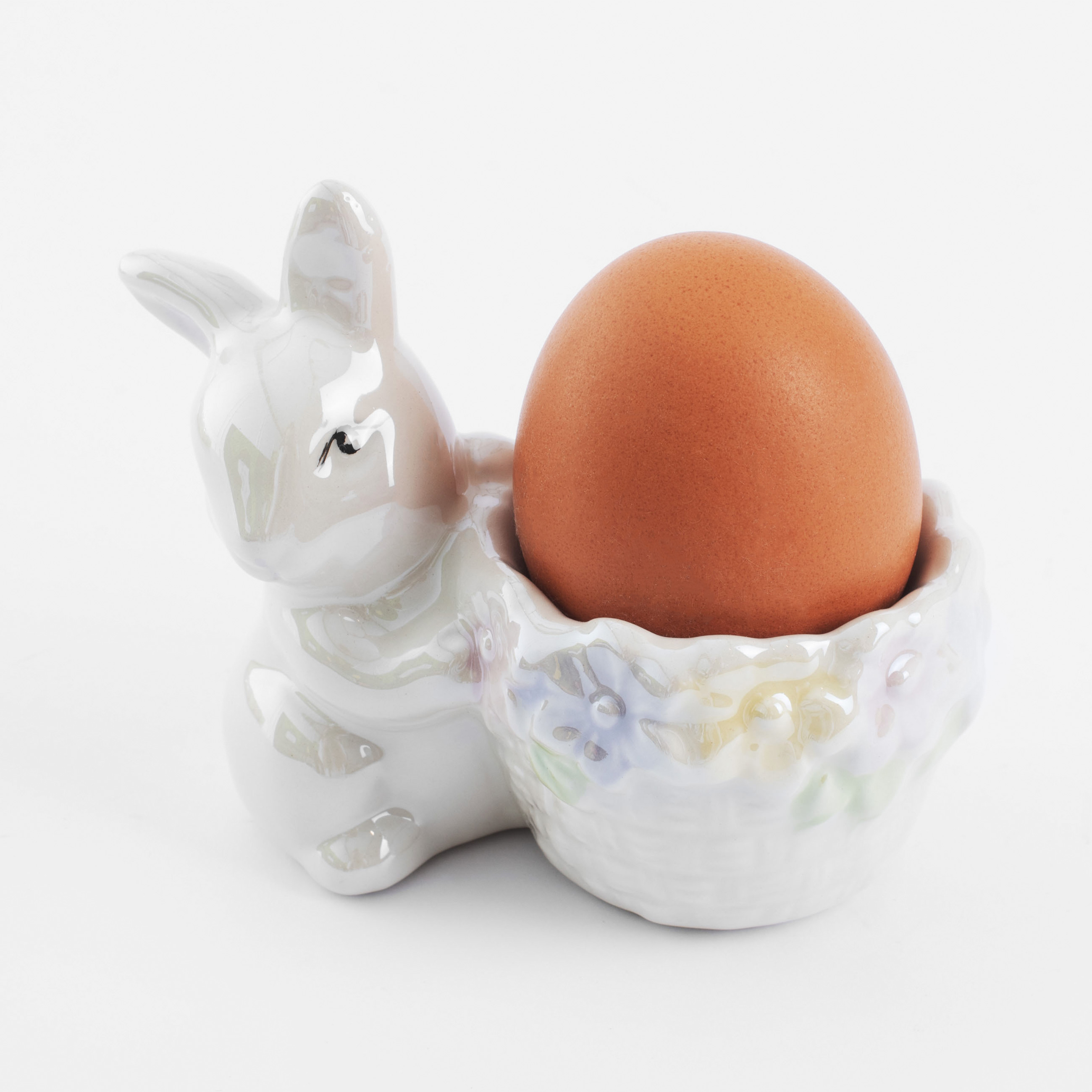 Подставка для яйца, 8 см, керамика, перламутр, Кролик с корзиной в цветах, Easter