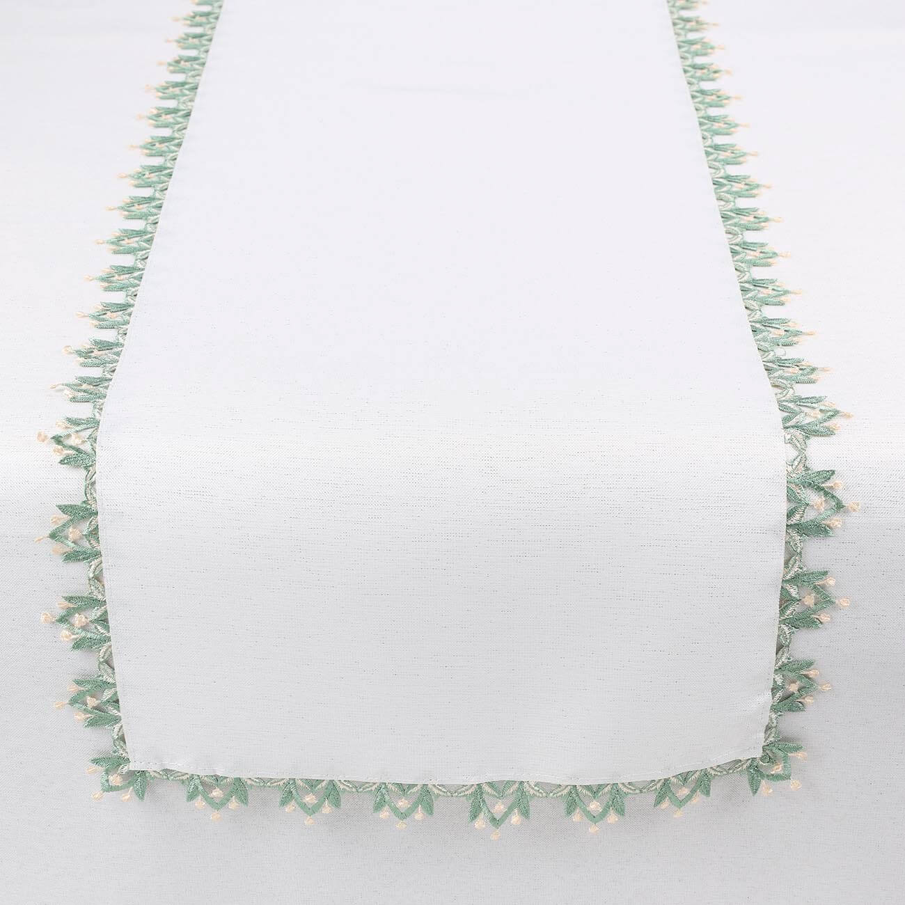 Дорожка настольная, 40х160 см, полиэстер, белая, Зеленое кружево, May-lily дорожка настольная 40х160 см жаккард полиэстер спандекс экрю магнолия magnolia