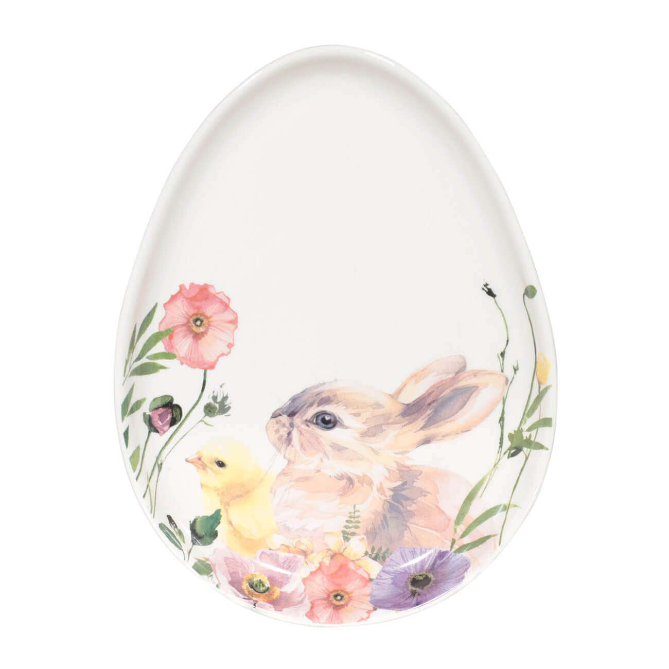 Блюдо, 21х16 см, керамика, белое, Яйцо, Кролик и цыпленок в цветах, Easter