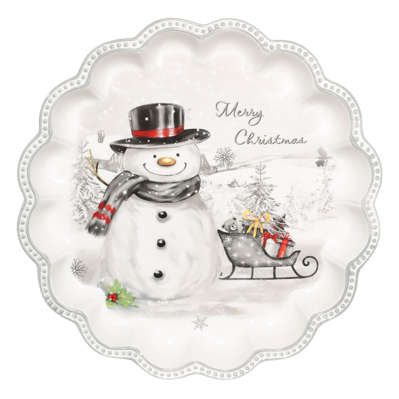 Блюдо, 31х4 см, керамика, белое, Снеговик в шляпе, Friendly snowman