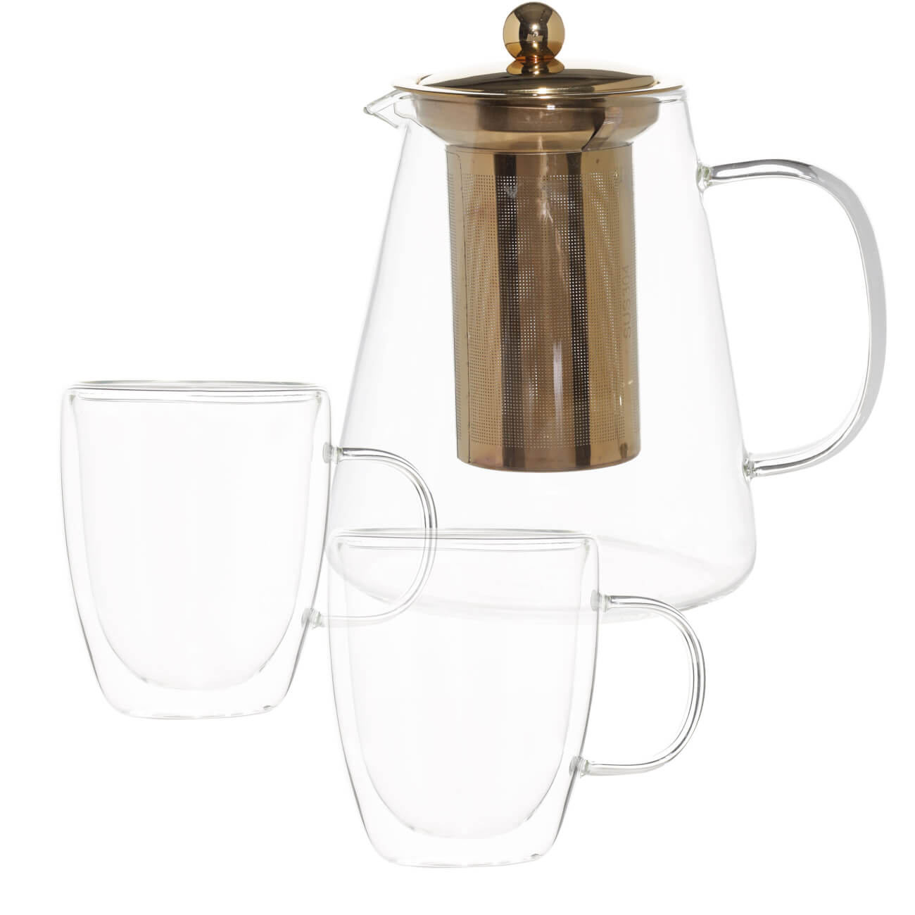 Набор чайный, 2 перс, 3 пр, стекло Б/сталь, золотистый, Air чайный напиток фиточай чага с мятой 80 г