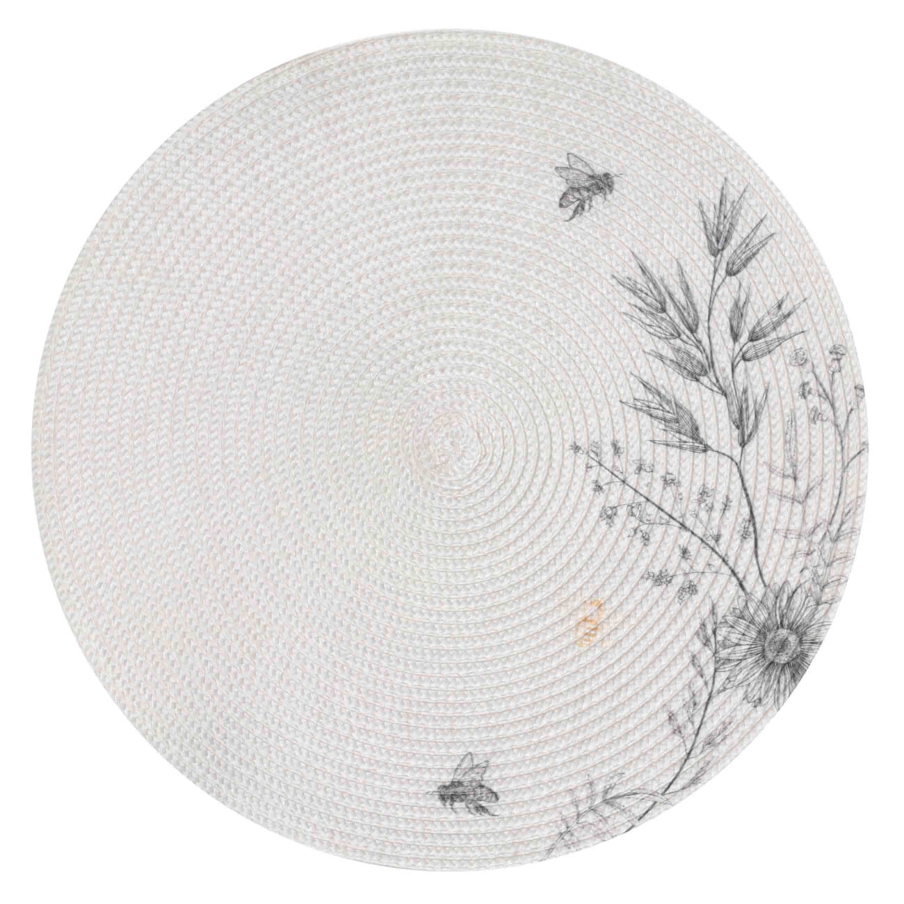 Салфетка под приборы, 38 см, полипропилен/полиэстер, круглая, серо-бежевая, Цветы и пчелы, Circle print салфетка под приборы 38 см пвх круглая белая azhur grid