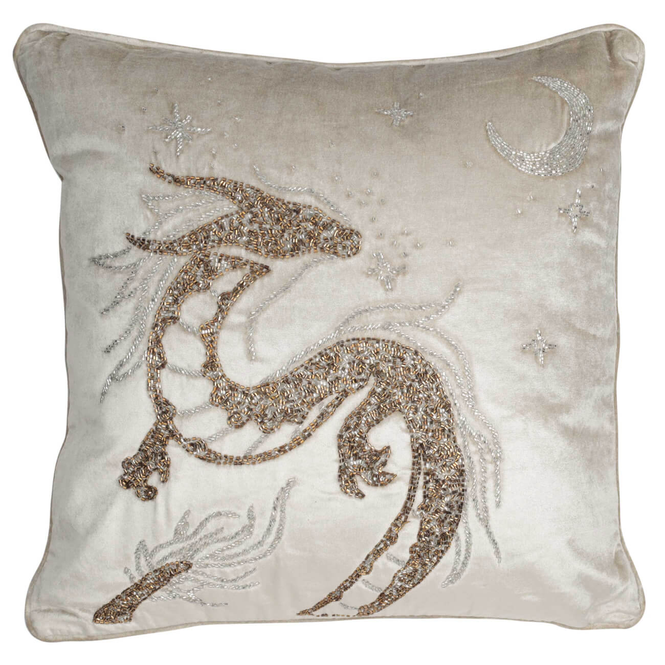 Подушка декоративная, 50х50 см, вельвет/бисер, бежевая, Дракон, Dragon leinor