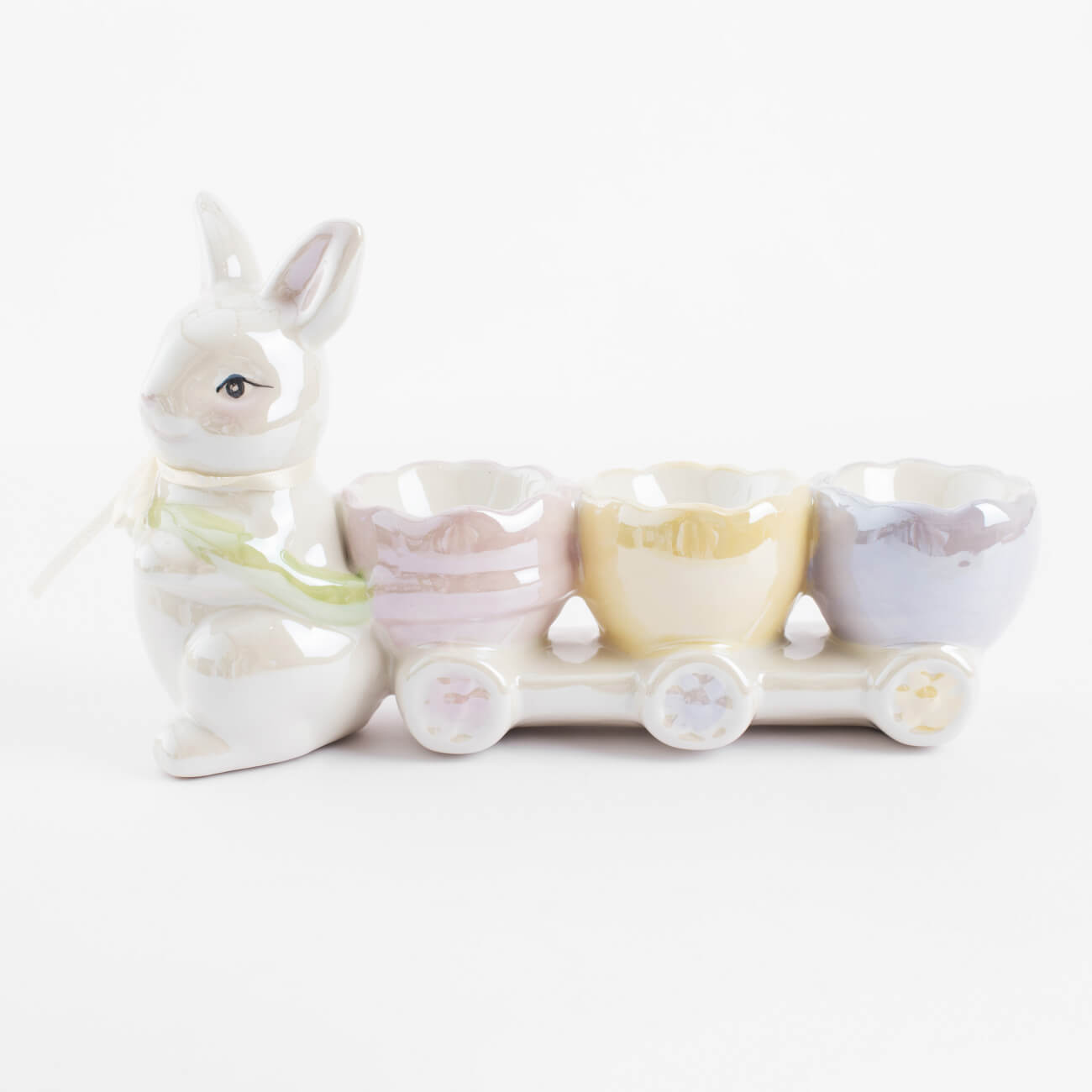 Подставка для яйца, 22х13 см, 3 отд, керамика, молочная, перламутр, Кролик с тележкой, Easter
