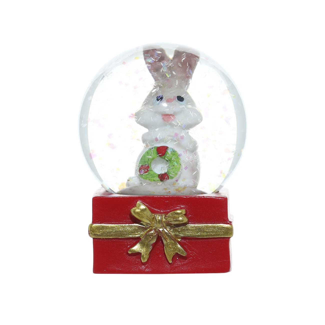 Снежный шар, 6 см, полирезин/стекло, Кролик в красном подарке, Rabbit