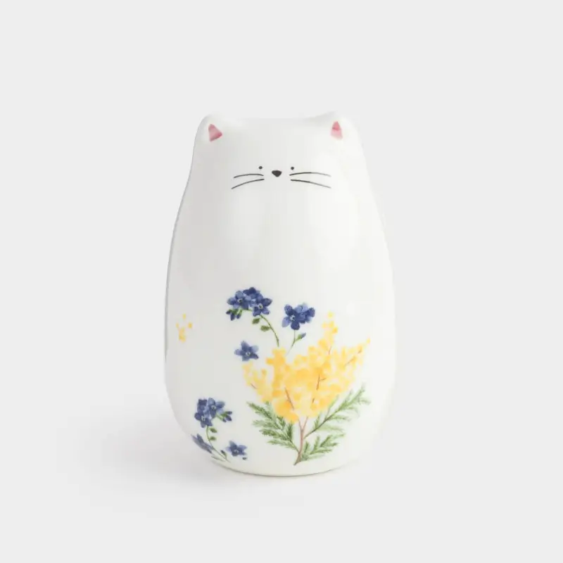 Емкость для соли или перца, 8 см, керамика, белая, Кот с цветами, Cat in flowers