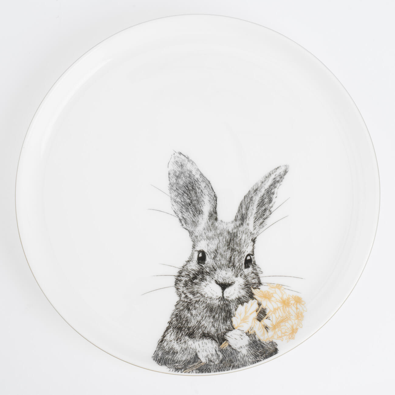 Тарелка десертная, 20 см, фарфор F, белая, с золотистым кантом, Кролик с цветами, Rabbit gold - фото 1