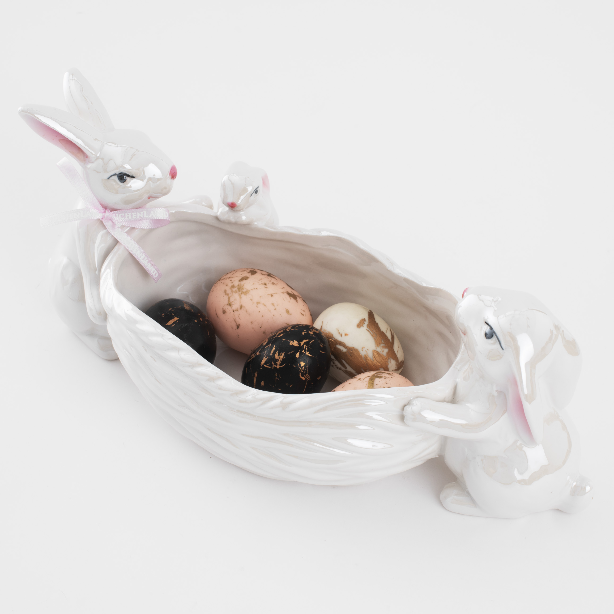 Конфетница, 29х13 см, фарфор P, белая, перламутр, Три кролика у корзины, Easter изображение № 6