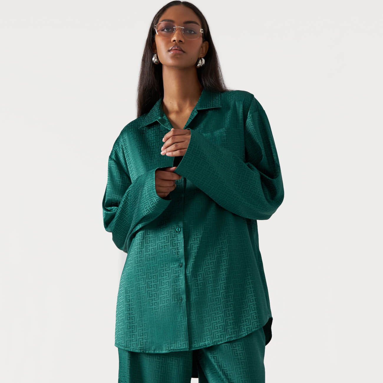 Рубашка женская, р. M, с длинным рукавом, полиэстер, зеленая, Жаккардовый узор, Agnia рубашка женская р m с длинным рукавом хлопок зеленая teona