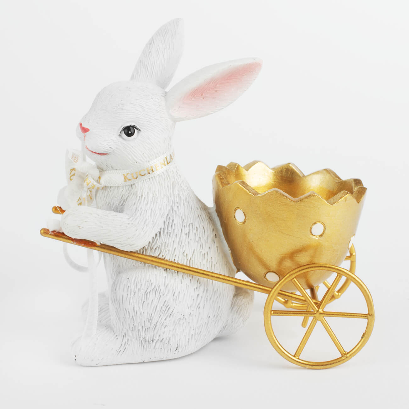 Подставка для яйца, 12 см, полирезин, бело-золотистая, Кролик с тележкой, Easter gold подставка для яйца 9х7 см бамбук кролик natural easter