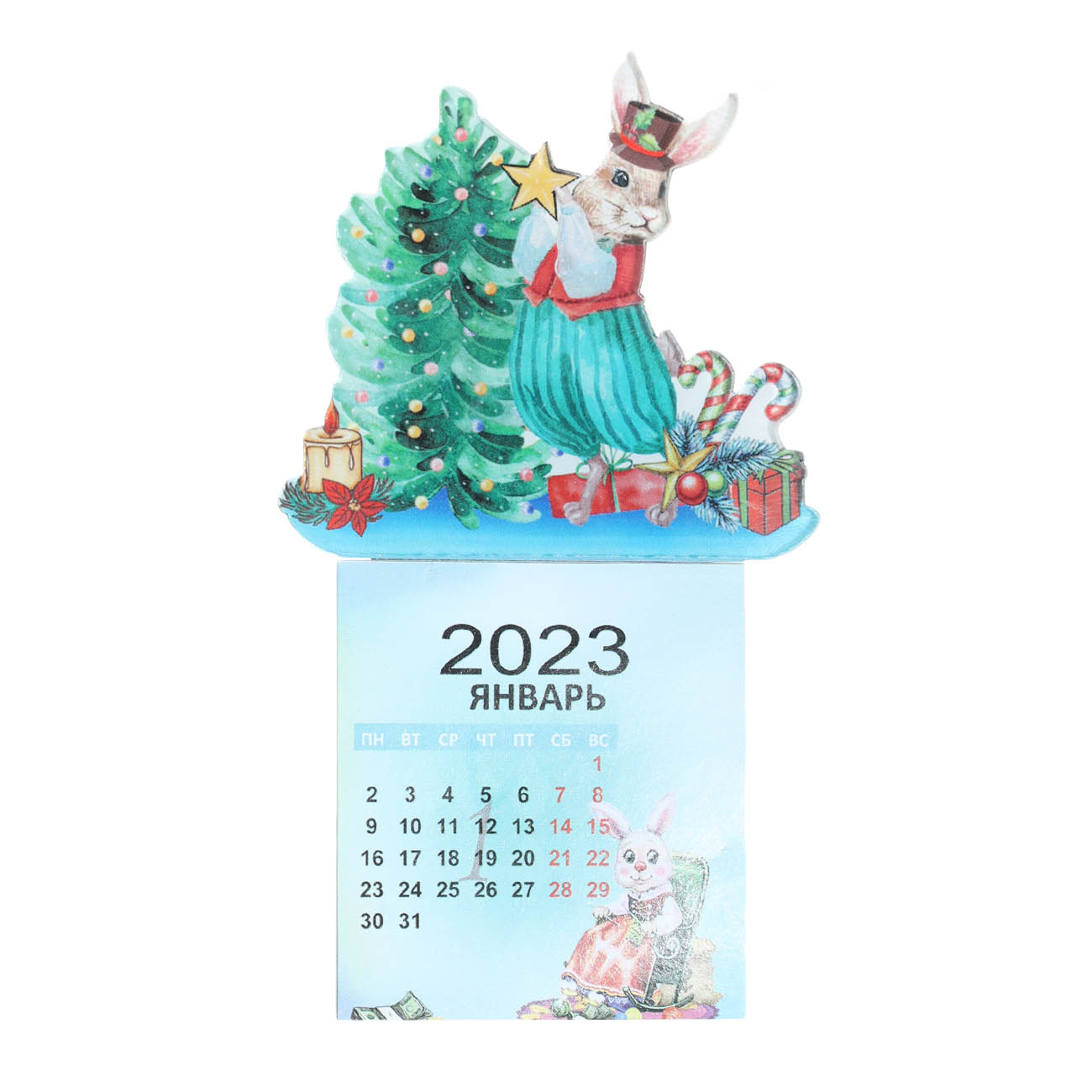 Магнит с календарем, 10 см, акрил/бумага, Кролик у елки, Rabbit - фото 1