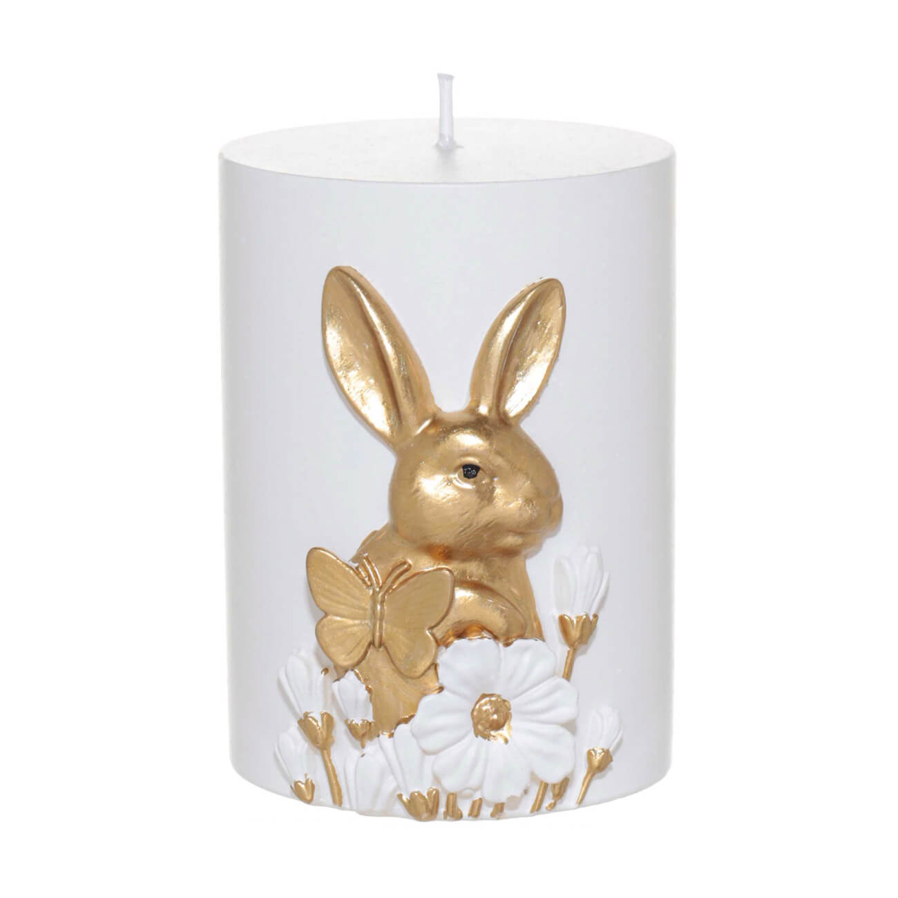 Свеча, 9 см, цилиндрическая, бело-золотистая, Кролик с бабочкой, Easter gold свеча 14 см цилиндрическая с блестками золотистая metallic glow