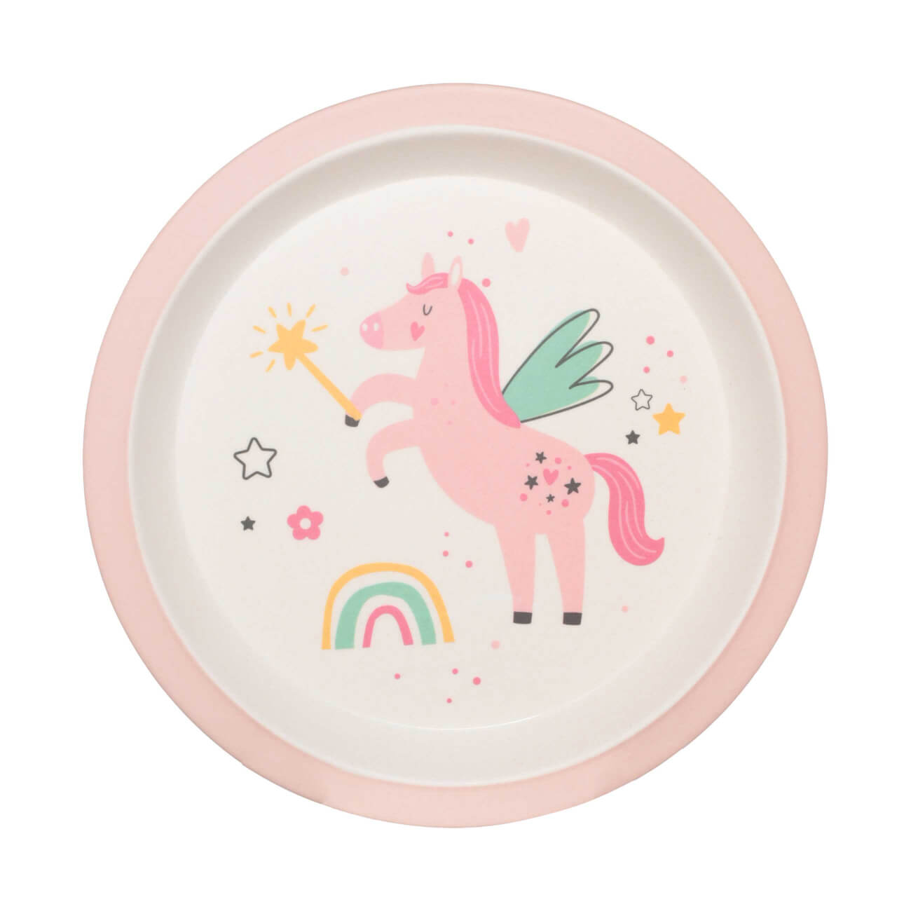 Тарелка закусочная, детская, 21 см, бамбук, розовая, Единорог и радуга, Unicorn тарелка обеденная детская 18 см 3 отд бамбук квадратная розово мятная единорог unicorn