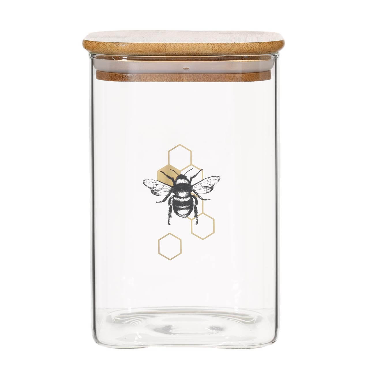 Банка для сыпучих продуктов, 1,1 л, стекло Б/бамбук, квадратная, Пчела, Honey царь соломон и пчела