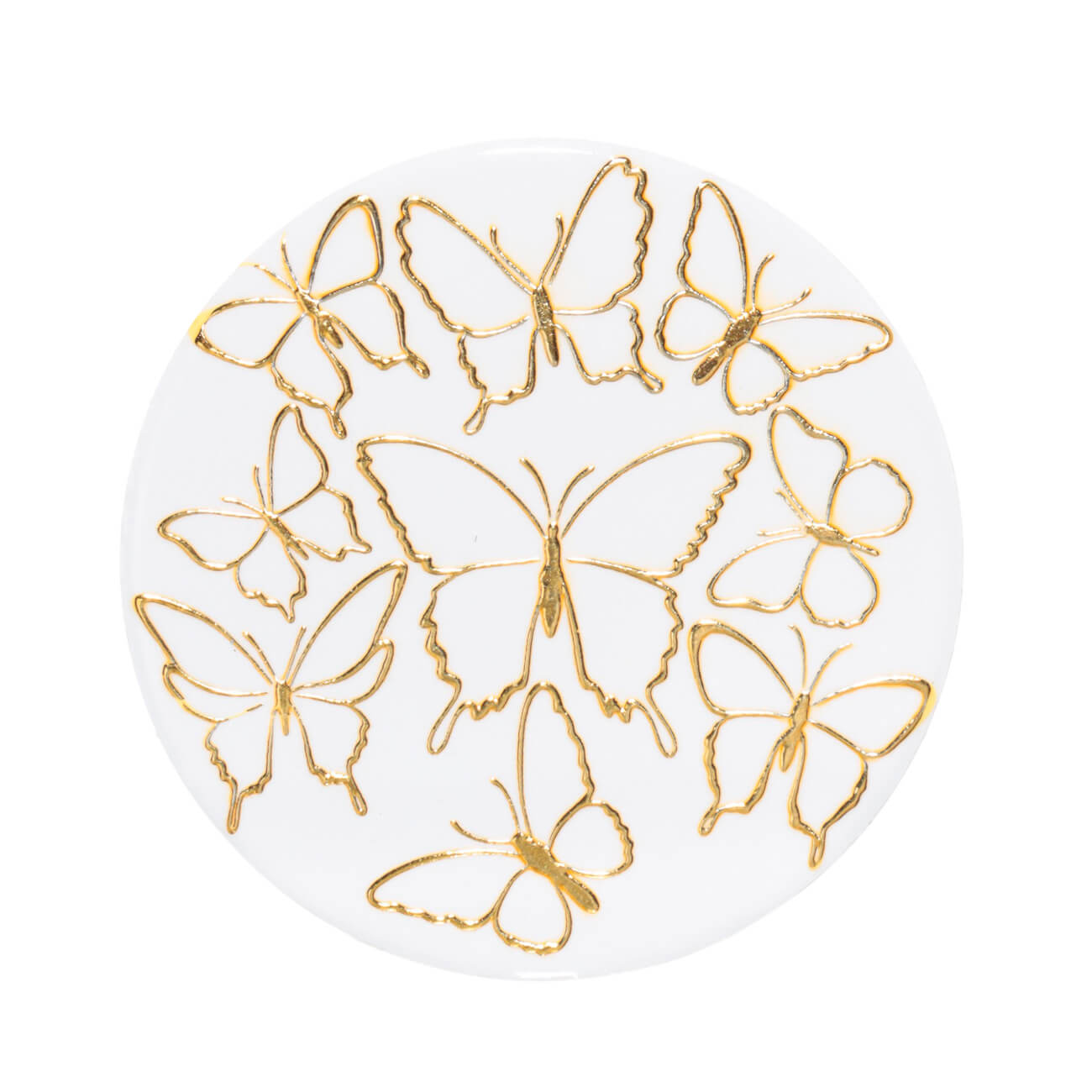 Подставка под кружку, 11 см, керамика/пробка, круглая, белая, Золотистые бабочки, Butterfly раскраска а4 бабочки 16стр с наклейками