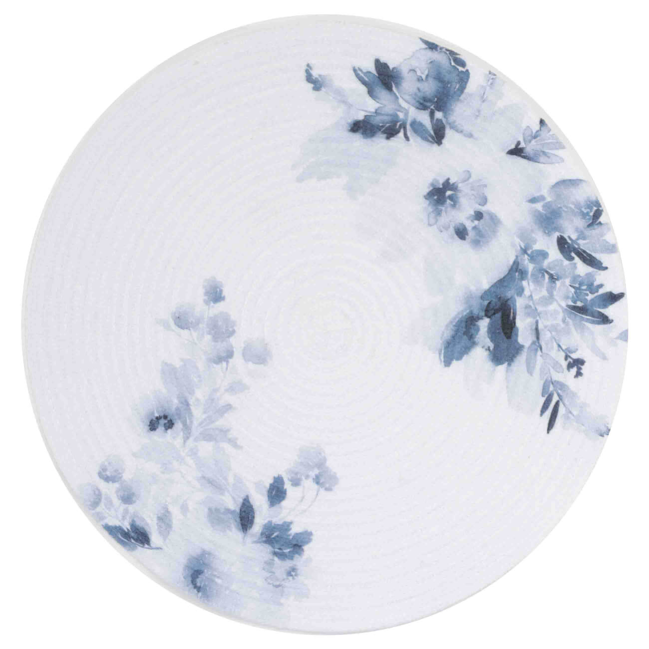 Салфетка под приборы, 38 см, полиэстер, круглая, белая, Синие цветы, Chenill print