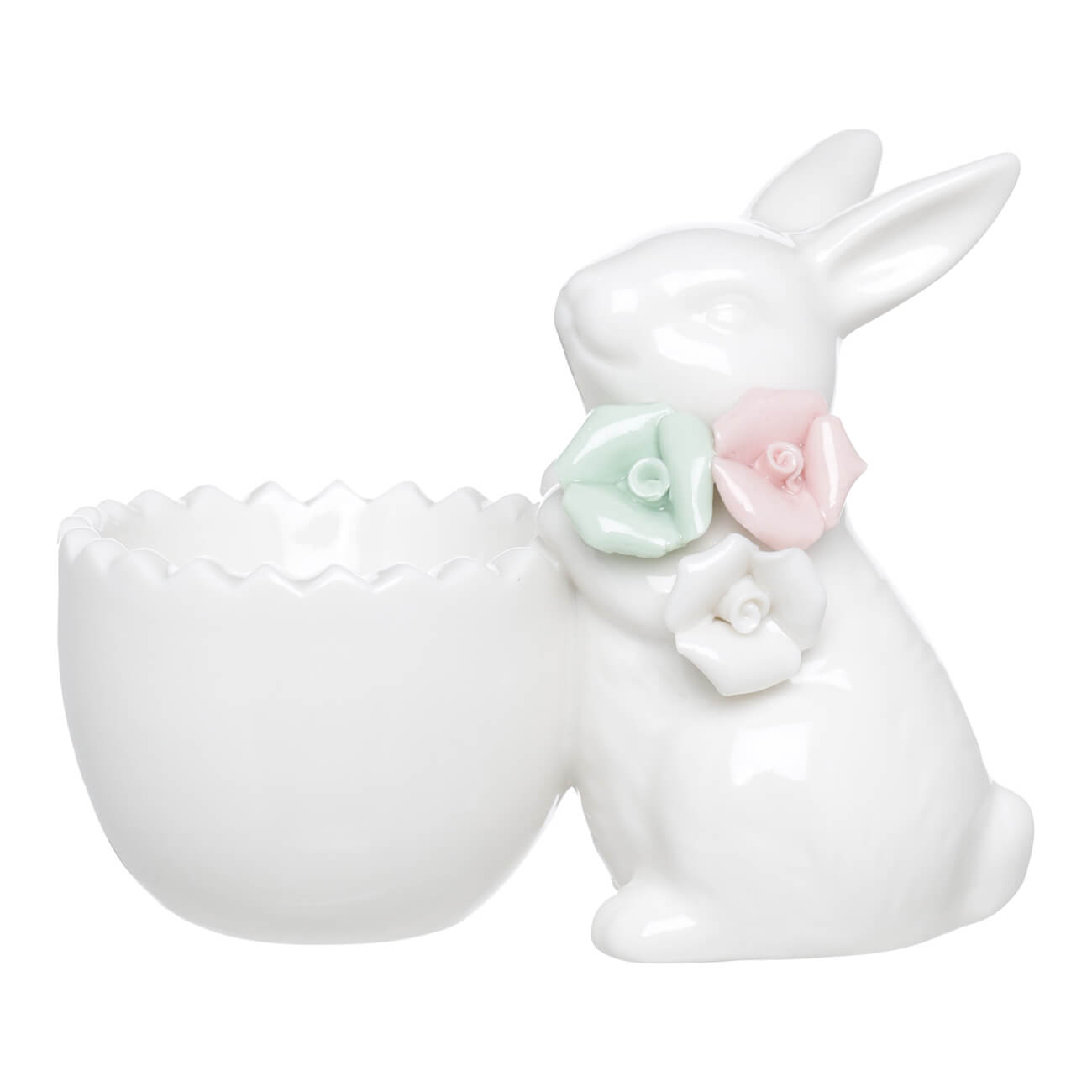 Подставка для яйца, 11х8 см, фарфор P, белая, Кролик с цветами, Easter - фото 1