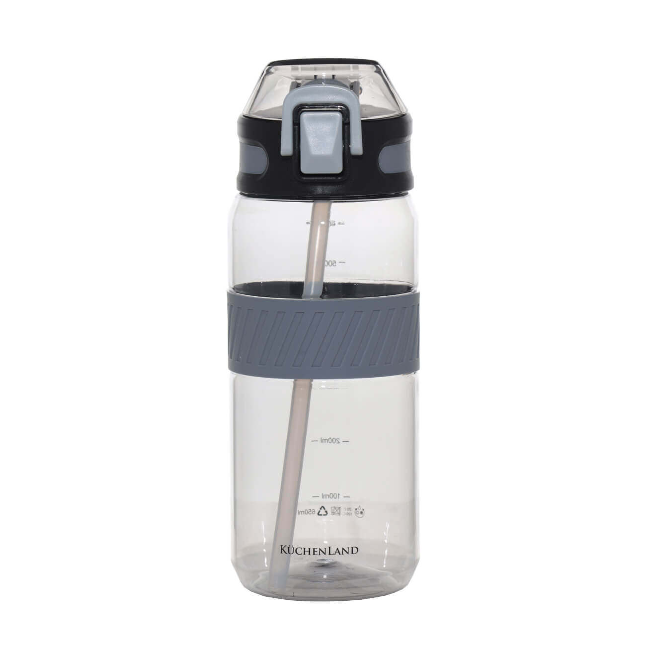 Бутылка для воды, 650 мл, с трубочкой, пластик/силикон, серая, Sport бутылка для воды drink2go пингвин 518359 0 4 л
