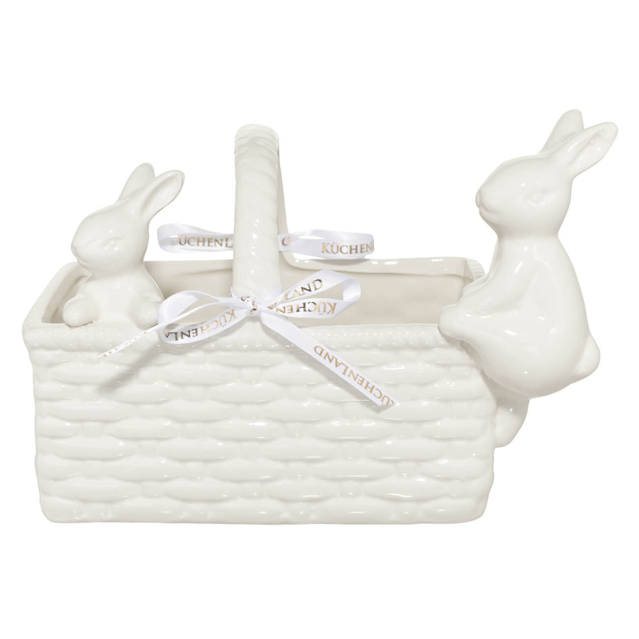 Конфетница, 18x13 см, с ручкой, керамика, белая, Два кролика в корзине, Natural Easter