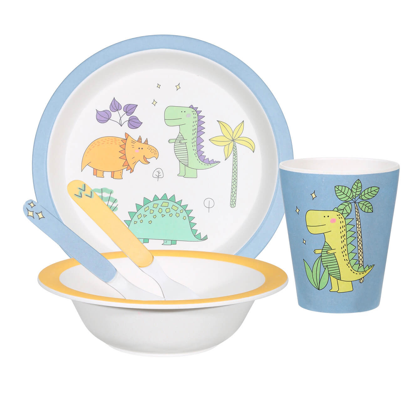 Набор посуды, детский, 5 пр, бамбук, желто-голубой, Динозавр, Dino столовые приборы детские 1 перс 2 пр бамбук голубые динозавр dino