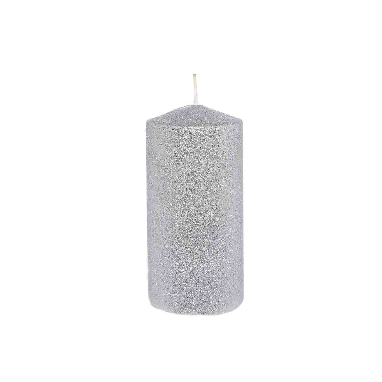 Свеча, 12 см, цилиндрическая, с блестками, серебристая, Metallic glow свеча 25 см тонкая белая metallic glow
