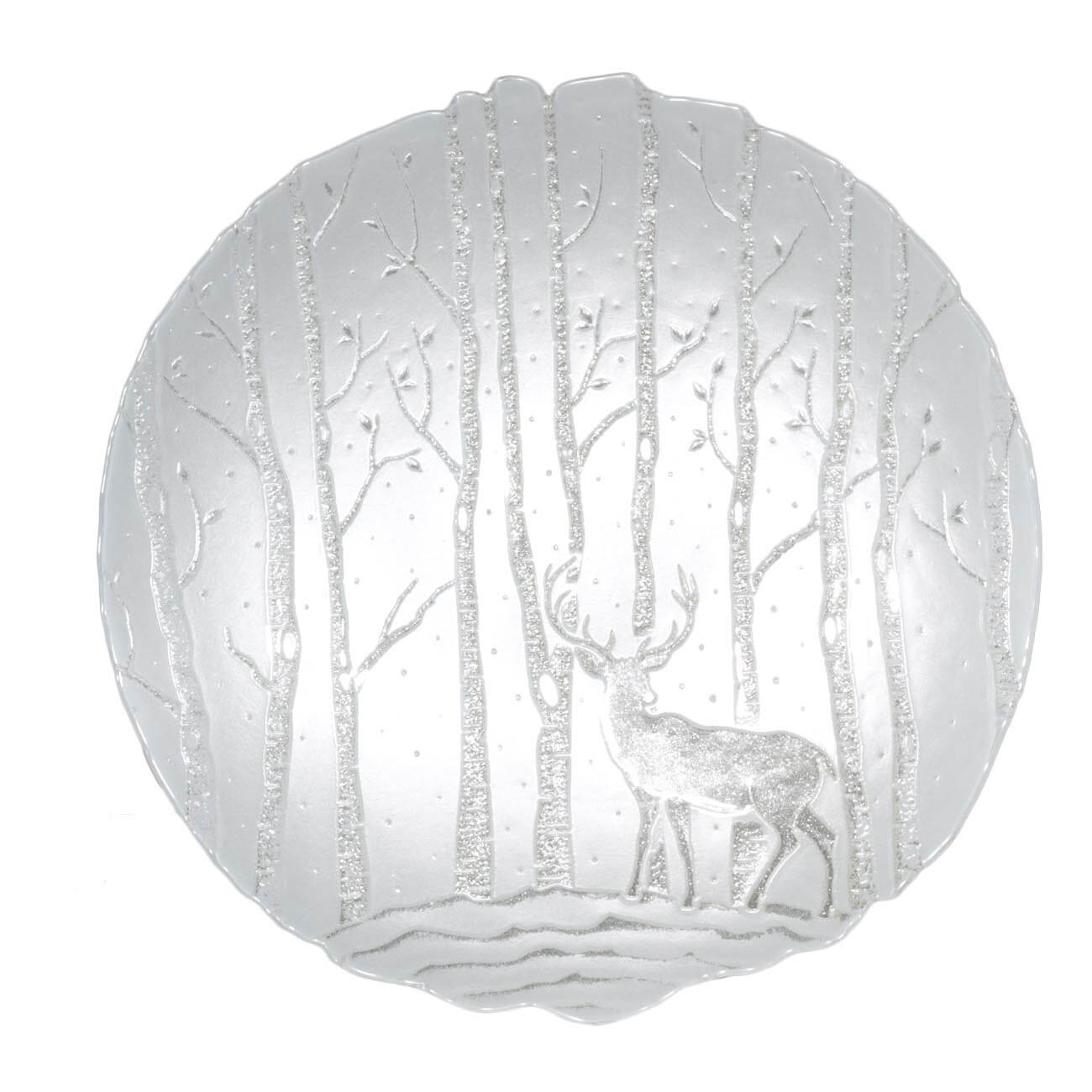 Блюдо глубокое, 33х5 см, стекло, белое, Олени в лесу, Winter deer