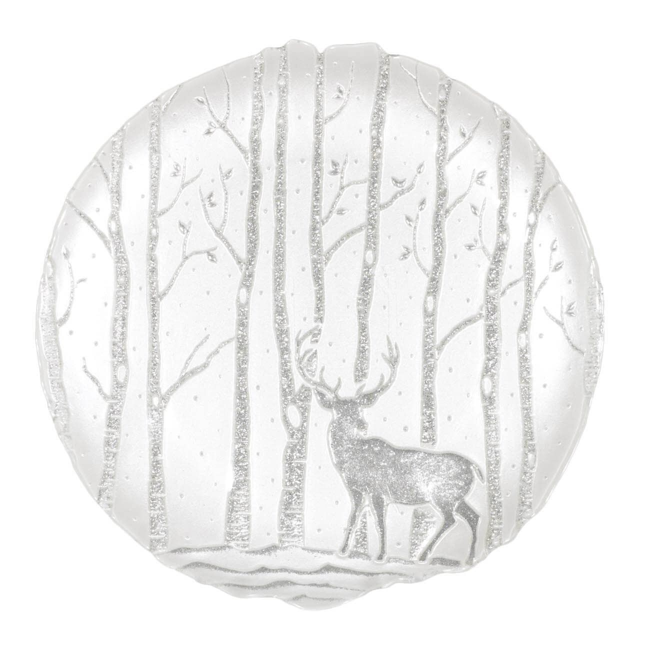 Тарелка закусочная, 21 см, стекло, белая, Олени в лесу, Winter deer - фото 1