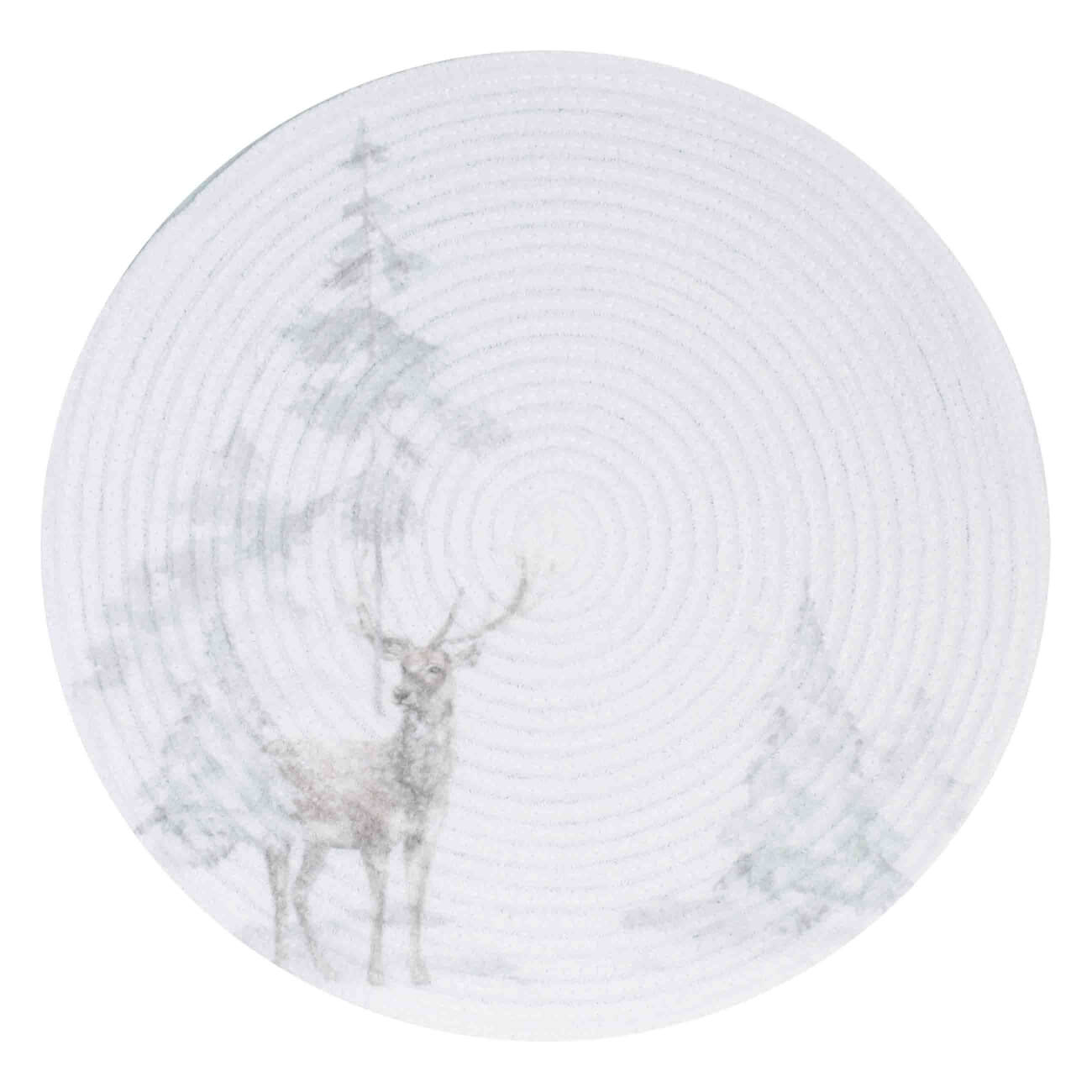 Салфетка под приборы, 38 см, полиэстер, круглая, белая, Олень в снежном лесу, Chenill print салфетка под приборы 38 см пвх круглая белая azhur grid