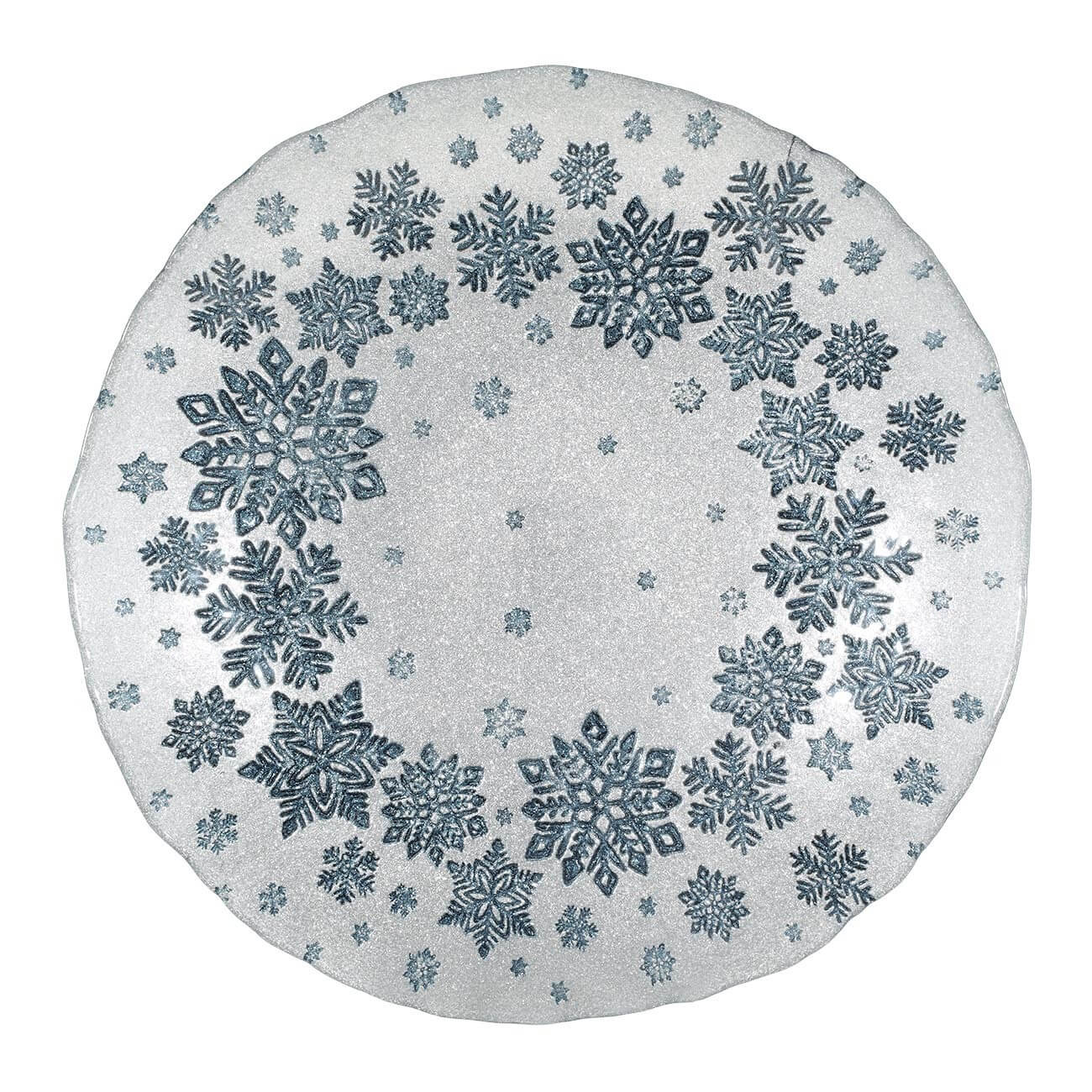 Блюдо глубокое, 33х5 см, стекло, серебристо-синее, Снежинки, Snow glaze