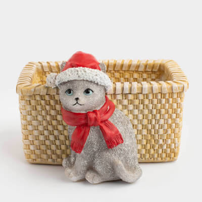 Конфетница, 18х13 см, полирезин, бежевая, Кот с корзиной, Christmas cat