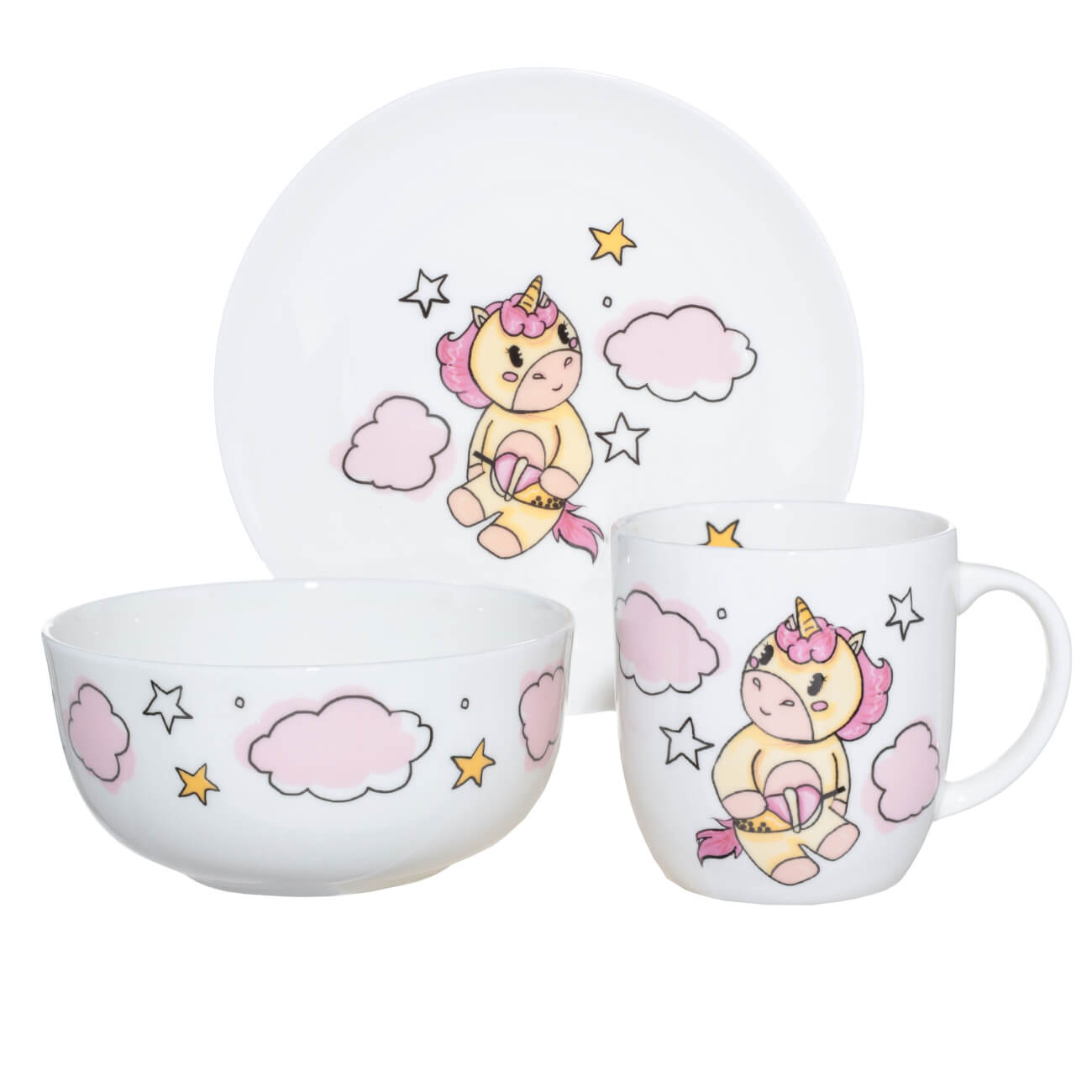 Набор посуды, детский, 3 пр, фарфор F, бело-розовый, Единорог в облаках, Unicorn набор посуды детский 5 пр бамбук розово мятный единорог unicorn