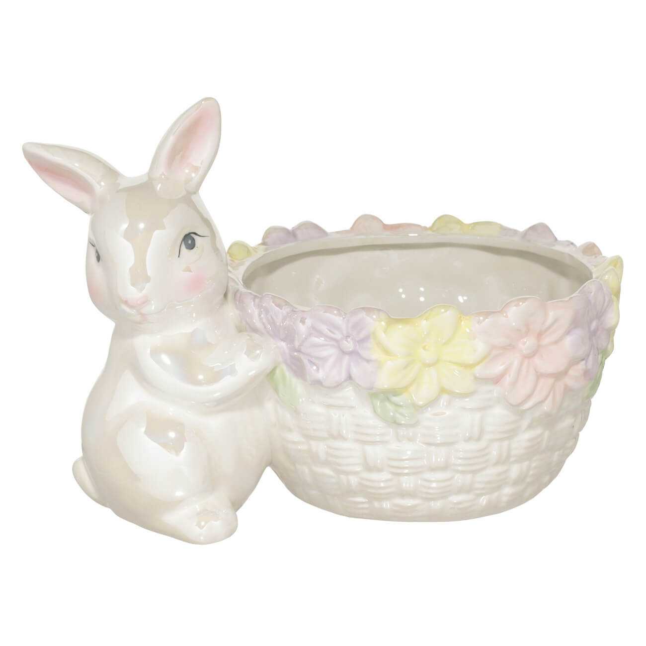 Конфетница, 18x13 см, керамика, белая, перламутр, Кролик и корзина с цветами, Easter