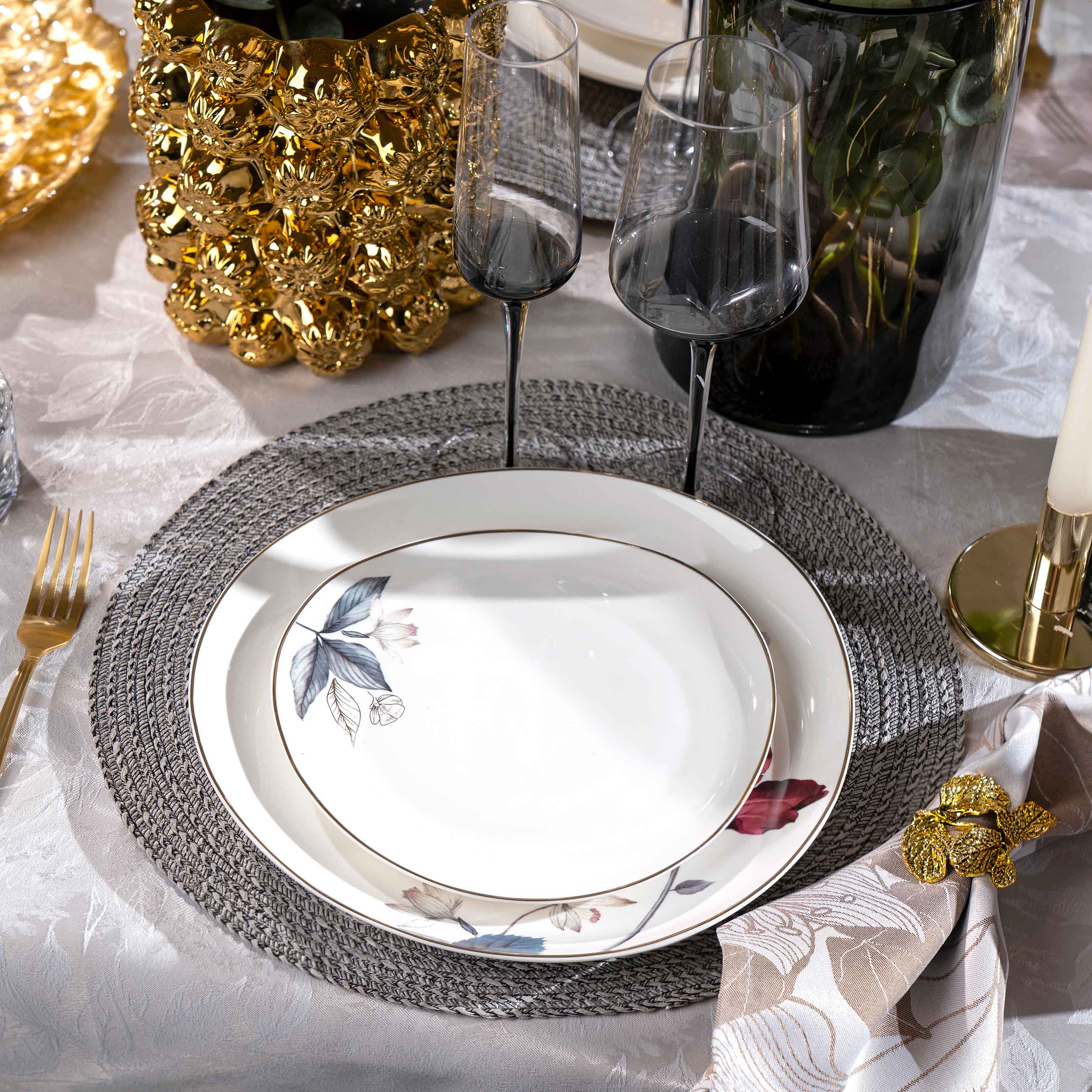Тарелка закусочная, 21 см, фарфор N, белая, с золотистым кантом, Цветок и листья, Noir изображение № 6