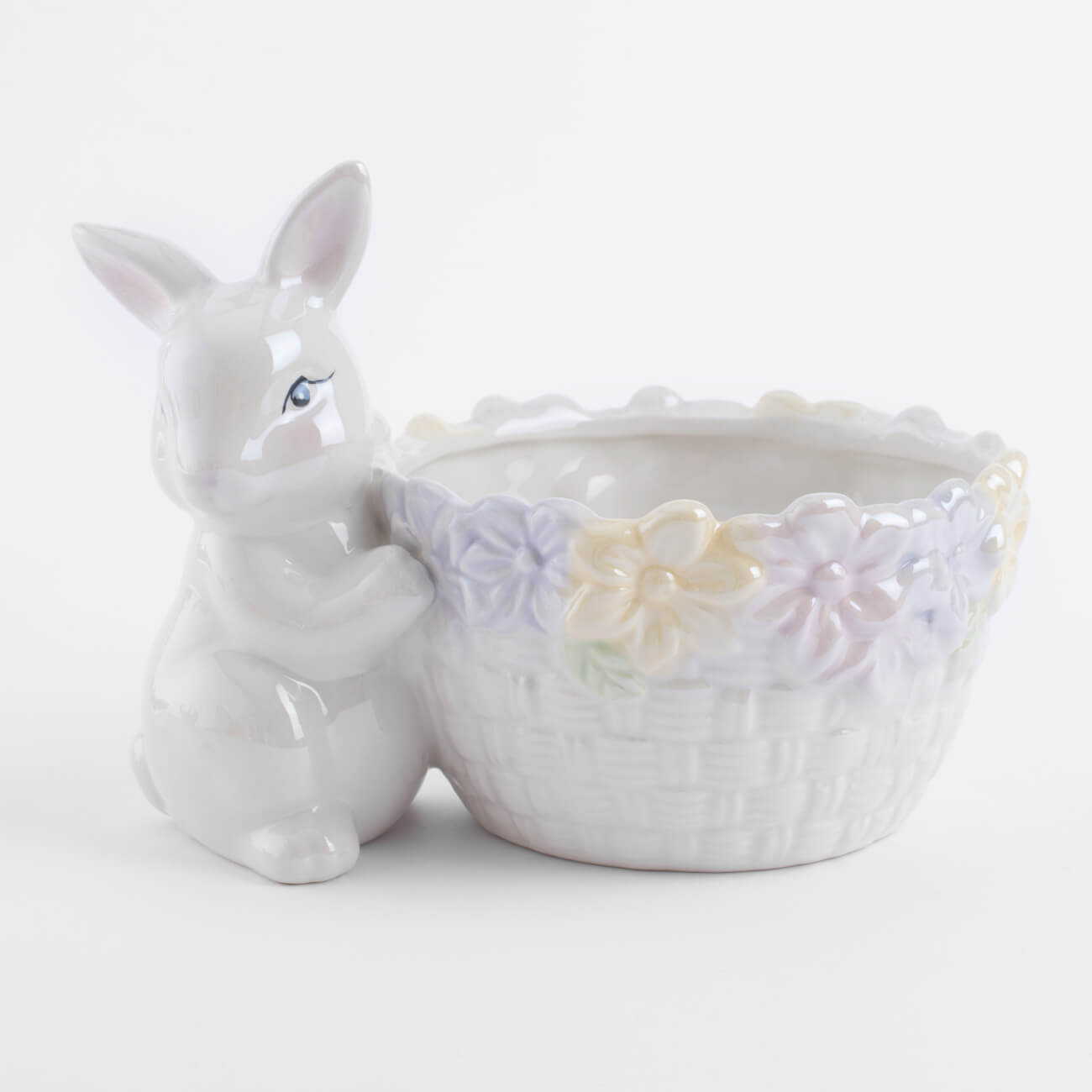 конфетница 30х12 см с ручками керамика белая перламутр два кролика в корзине easter Конфетница, 18x13 см, керамика, перламутр, Кролик с корзиной в цветах, Easter